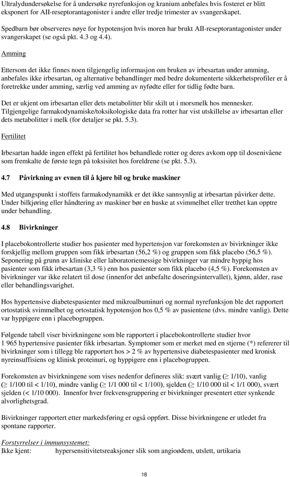 Amming Ettersom det ikke finnes noen tilgjengelig informasjon om bruken av irbesartan under amming, anbefales ikke irbesartan, og alternative behandlinger med bedre dokumenterte sikkerhetsprofiler er