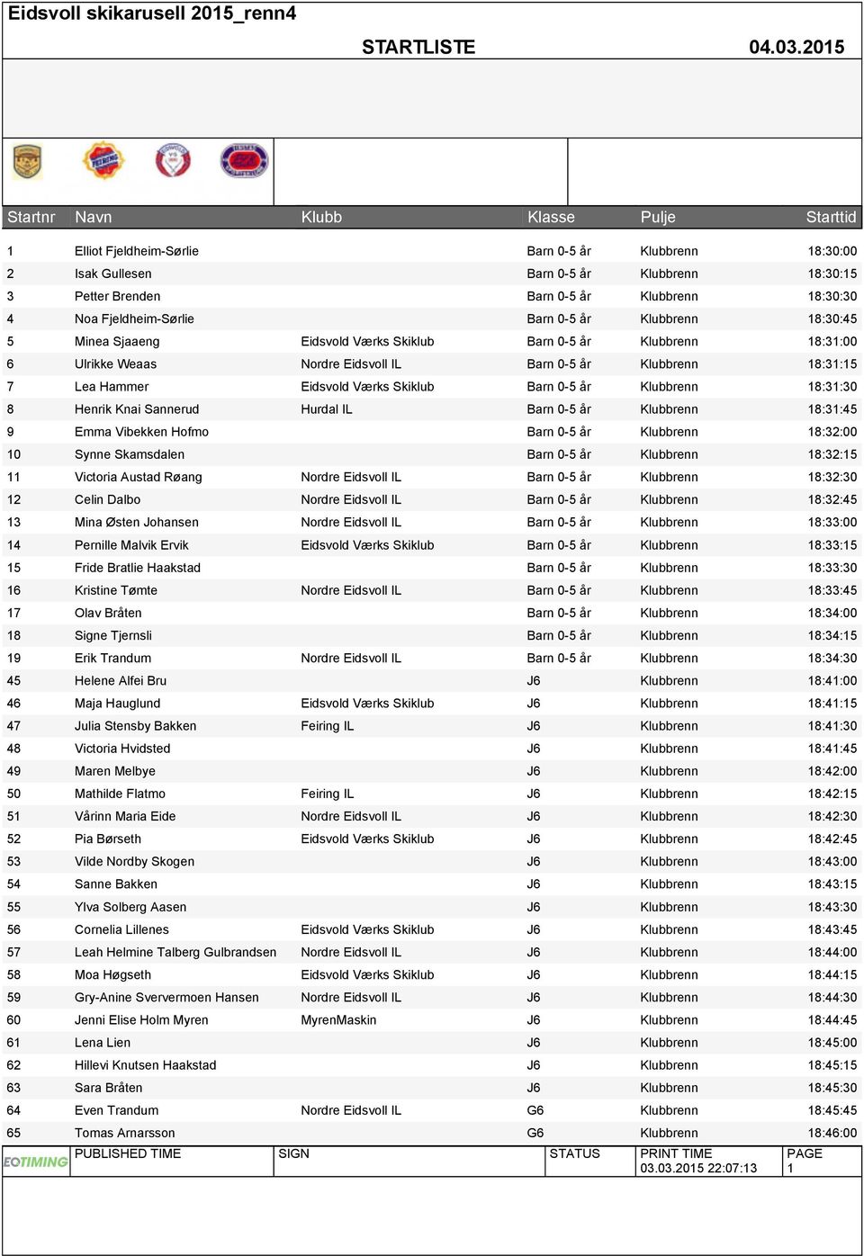 Klubbrenn 18:31:30 8 Henrik Knai Sannerud Hurdal IL Barn 0-5 år Klubbrenn 18:31:45 9 Emma Vibekken Hofmo Barn 0-5 år Klubbrenn 18:32:00 10 Synne Skamsdalen Barn 0-5 år Klubbrenn 18:32:15 11 Victoria