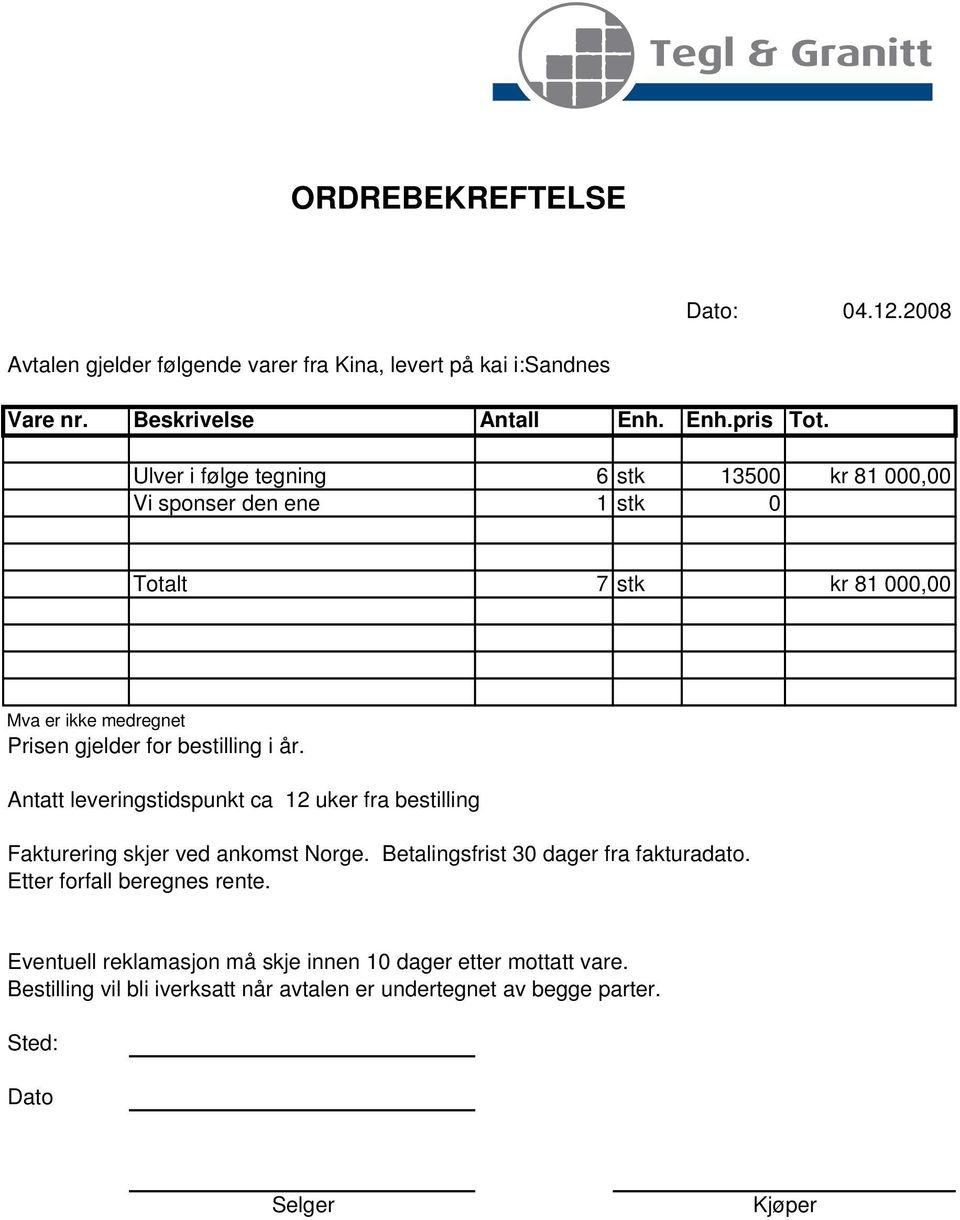 Antatt leveringstidspunkt ca 12 uker fra bestilling Fakturering skjer ved ankomst Norge. Betalingsfrist 30 dager fra fakturadato.