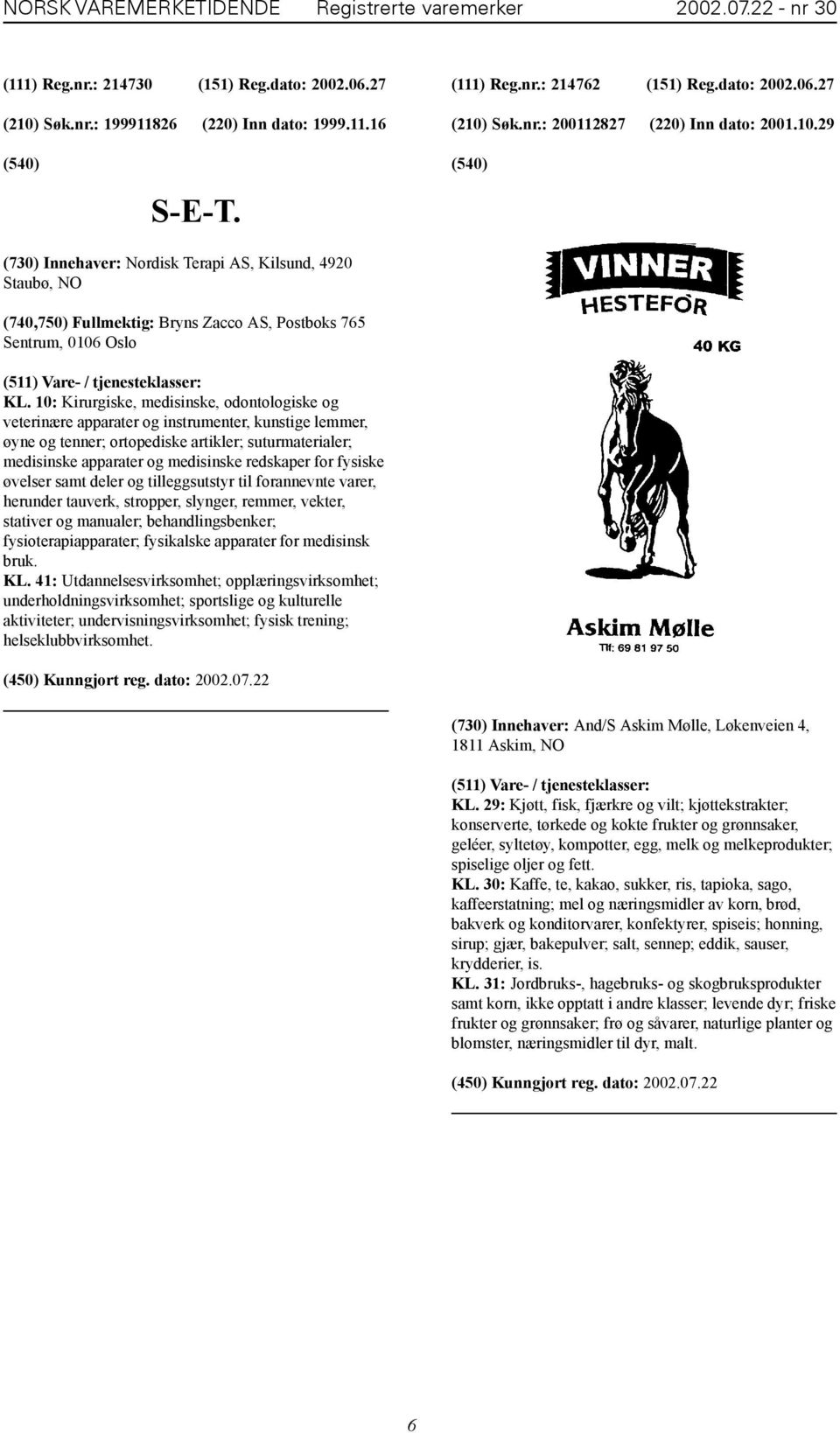 (730) Innehaver: Nordisk Terapi AS, Kilsund, 4920 Staubø, NO (740,750) Fullmektig: Bryns Zacco AS, Postboks 765 Sentrum, 0106 Oslo KL.