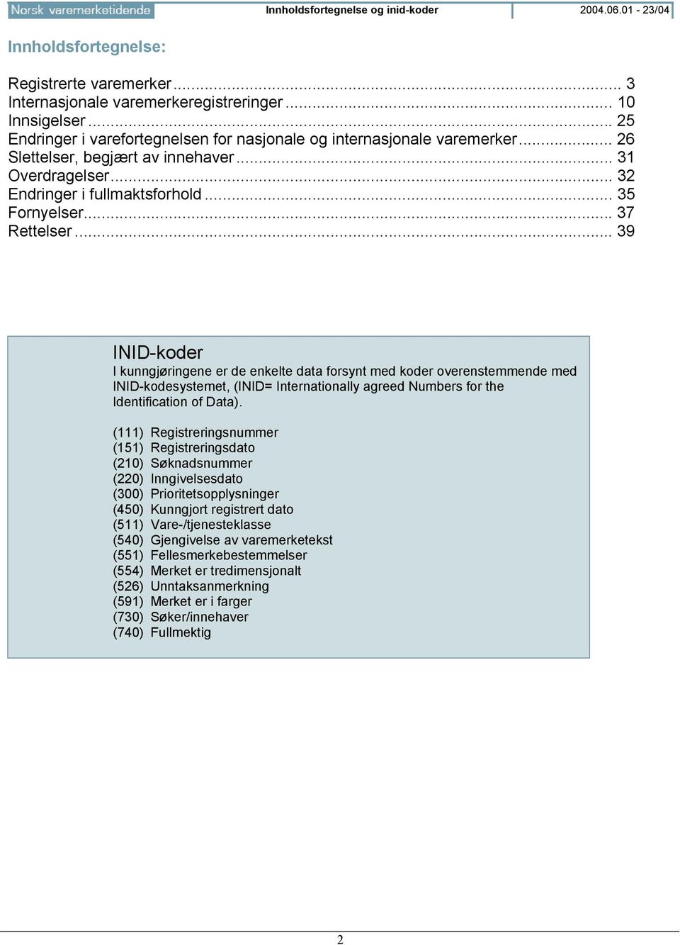 .. 37 Rettelser... 39 INID-koder I kunngjøringene er de enkelte data forsynt med koder overenstemmende med INID-kodesystemet, (INID= Internationally agreed Numbers for the Identification of Data).