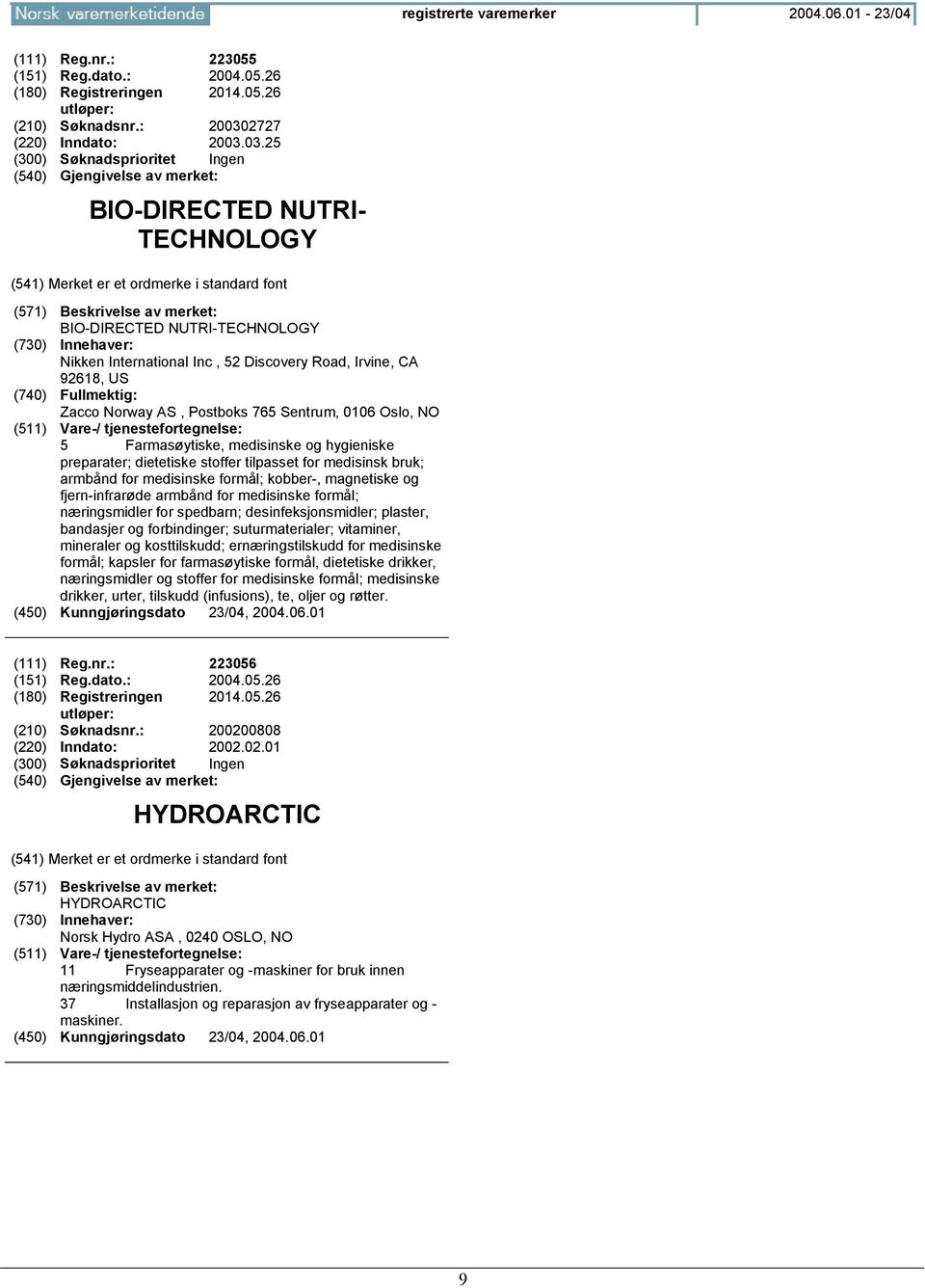 03.25 (300) Søknadsprioritet Ingen BIO-DIRECTED NUTRI- TECHLOGY BIO-DIRECTED NUTRI-TECHLOGY Nikken International Inc, 52 Discovery Road, Irvine, CA 92618, US Zacco Norway AS, Postboks 765 Sentrum,