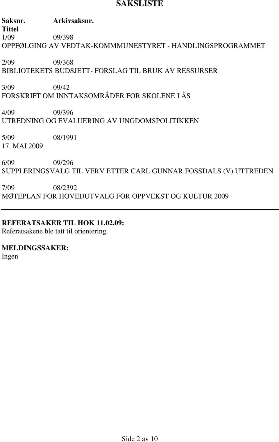 RESSURSER 3/09 09/42 FORSKRIFT OM INNTAKSOMRÅDER FOR SKOLENE I ÅS 4/09 09/396 UTREDNING OG EVALUERING AV UNGDOMSPOLITIKKEN 5/09 08/1991 17.