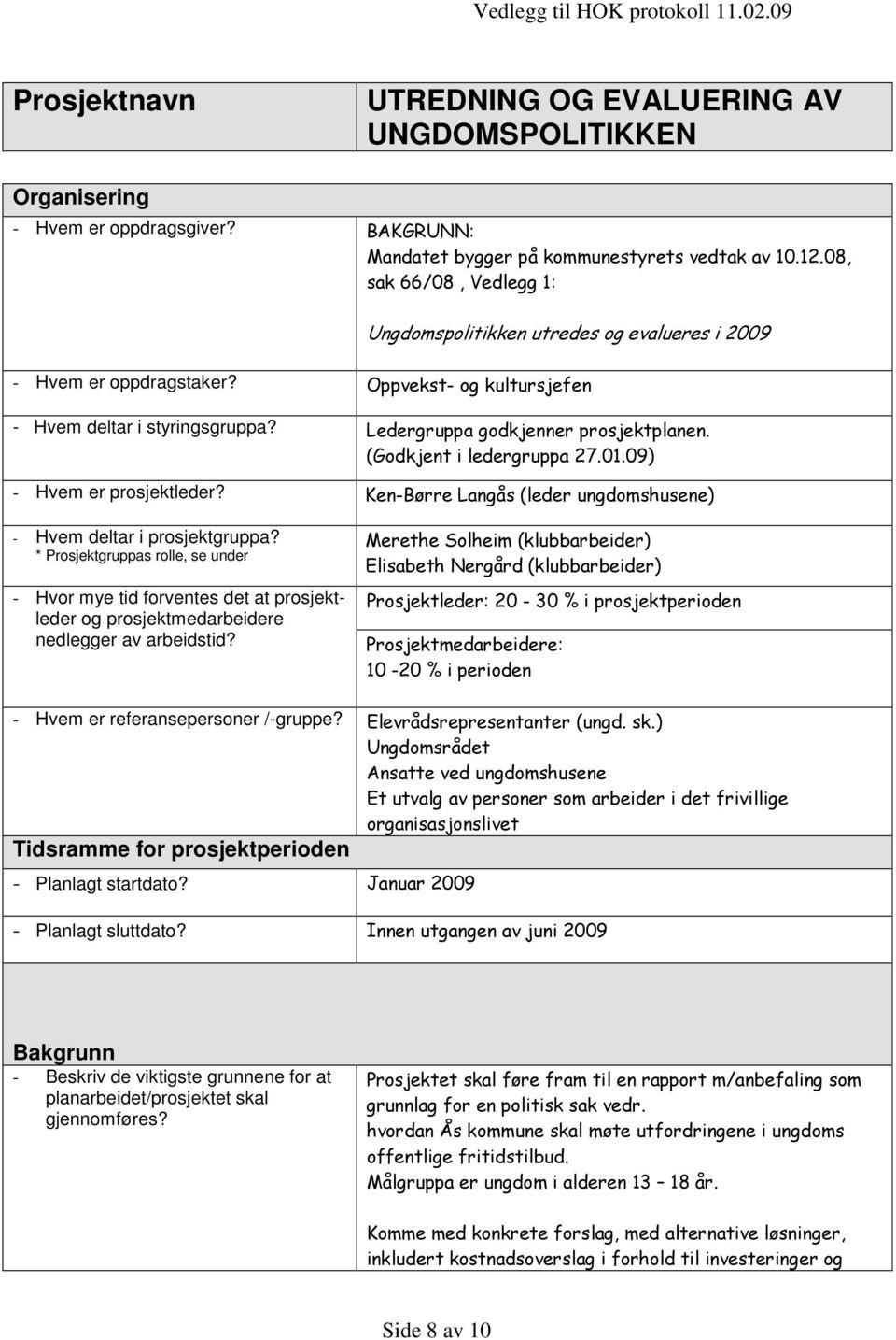 (Godkjent i ledergruppa 27.01.09) - Hvem er prosjektleder? Ken-Børre Langås (leder ungdomshusene) - Hvem deltar i prosjektgruppa?