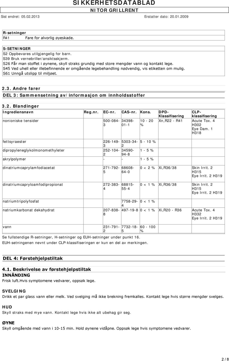 S61 Unngå utslipp til miljøet. 2.3. Andre farer DEL 3: Sammensetning av/informasjon om innholdsstoffer 3.2. Blandinger Ingrediensnavn Reg.nr. EC-nr. CAS-nr. Kons.