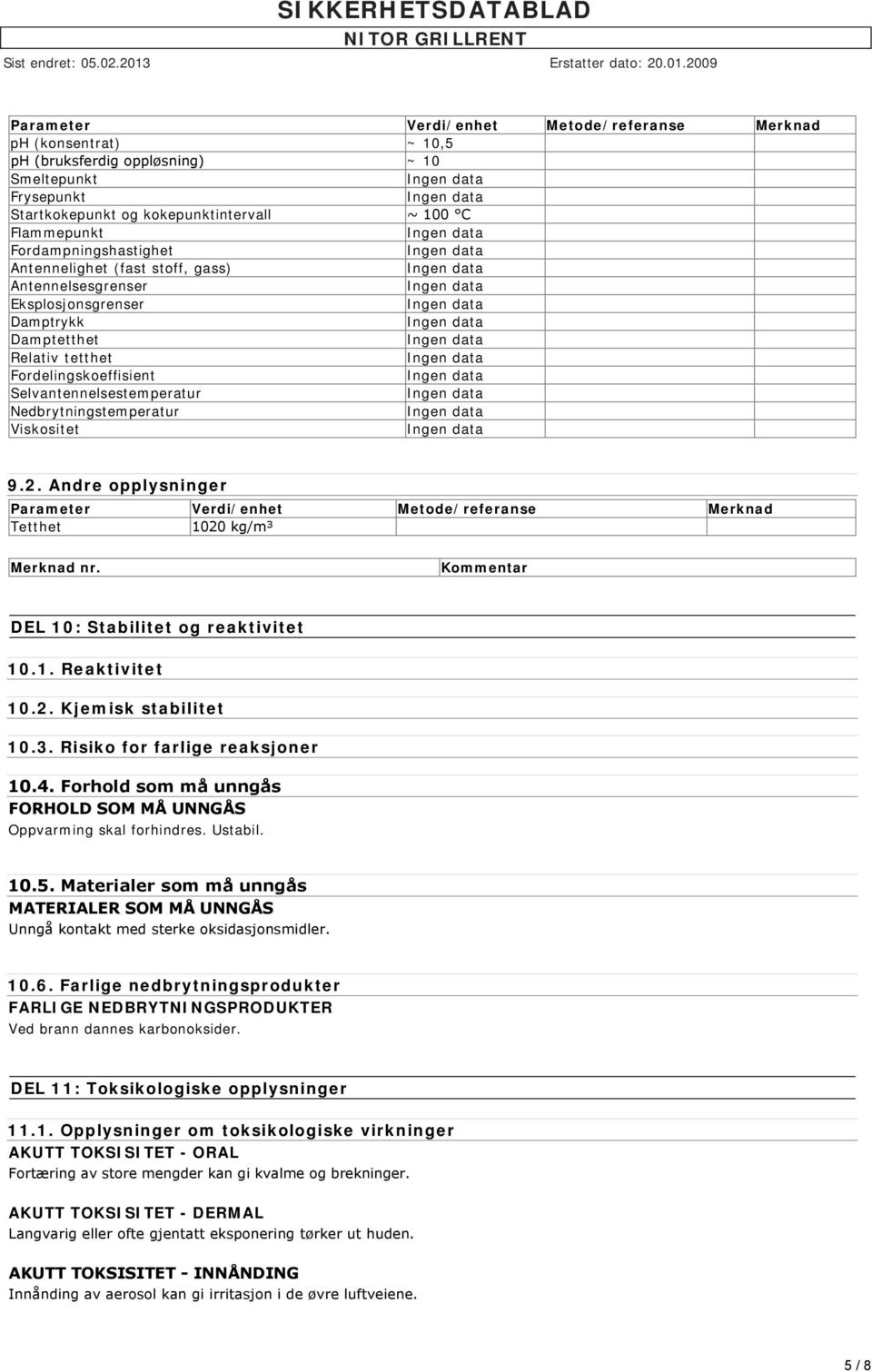 Nedbrytningstemperatur Viskositet 9.2. Andre opplysninger Parameter Verdi/enhet Metode/referanse Merknad Tetthet 1020 kg/m³ Merknad nr. Kommentar DEL 10: Stabilitet og reaktivitet 10.1. Reaktivitet 10.