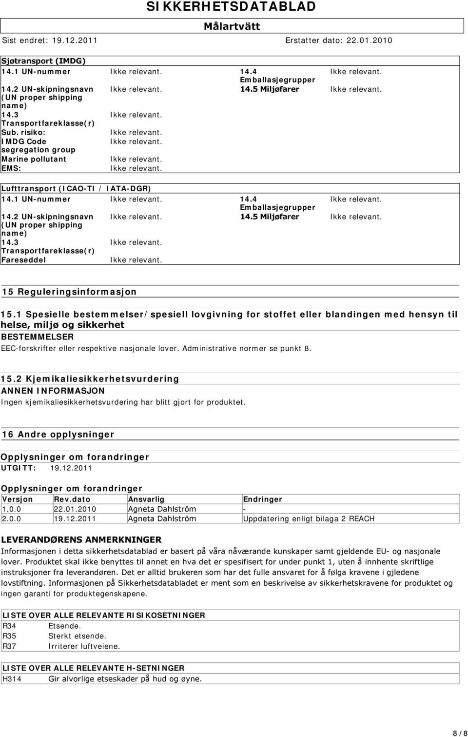 3 Transportfareklasse(r) Fareseddel 15 Reguleringsinformasjon 15.