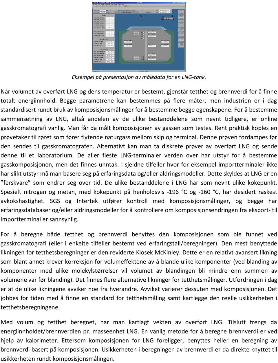 For å bestemme sammensetning av LNG, altså andelen av de ulike bestanddelene som nevnt tidligere, er online gasskromatografi vanlig. Man får da målt komposisjonen av gassen som testes.