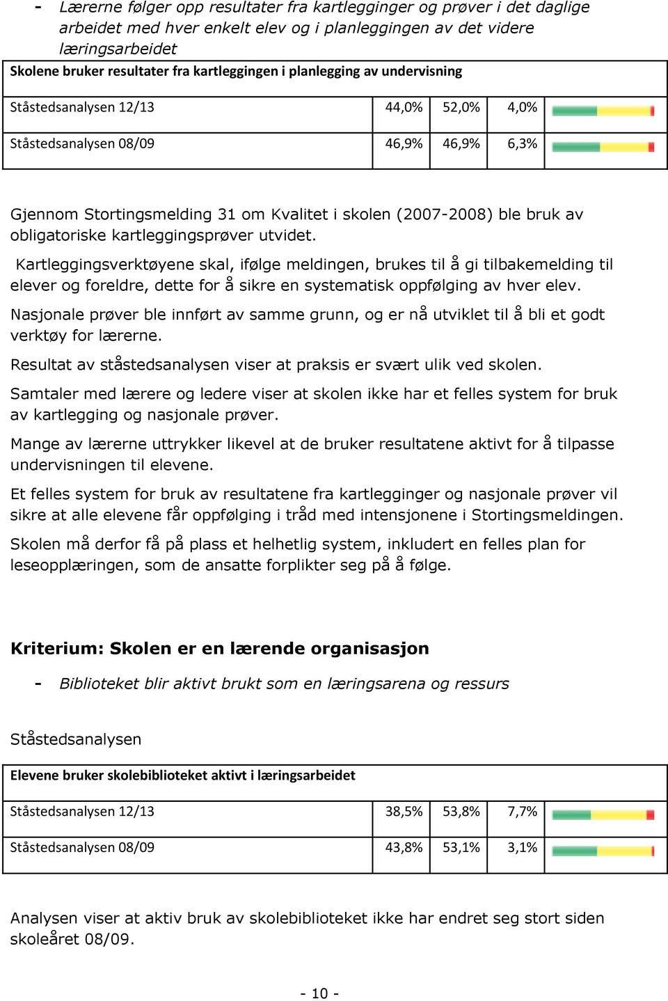 kartleggingsprøver utvidet. Kartleggingsverktøyene skal, ifølge meldingen, brukes til å gi tilbakemelding til elever og foreldre, dette for å sikre en systematisk oppfølging av hver elev.