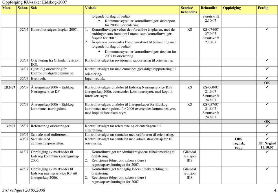 Årsplanen oversendes kommunestyret til behandling med følgende forslag til vedtak: Kommunestyret tar kontrollutvalgets årsplan for 2007 til 2.10.