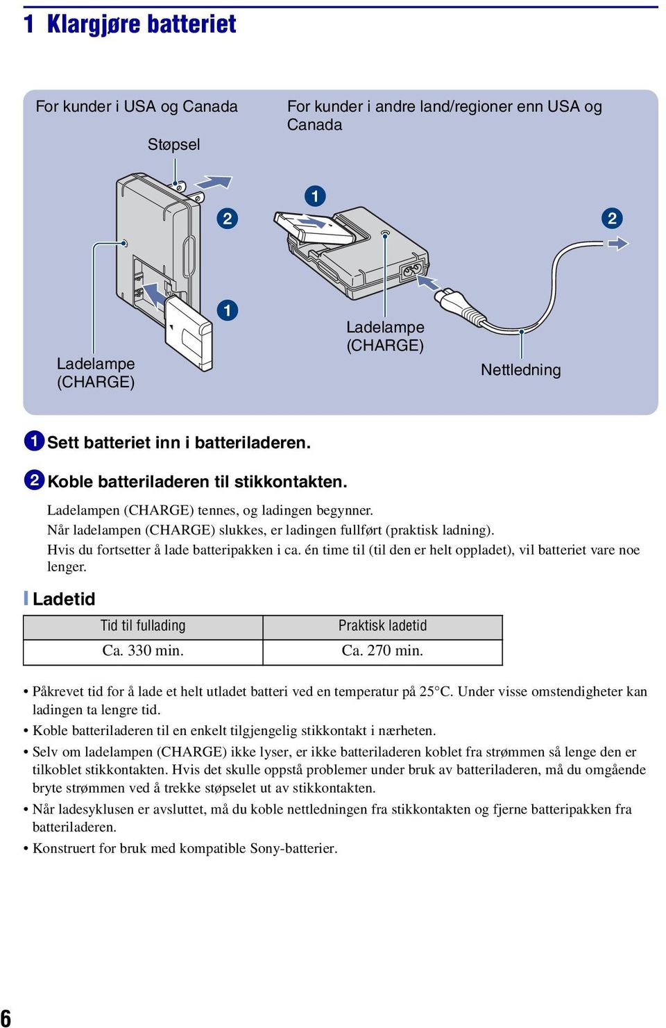 Hvis du fortsetter å lade batteripakken i ca. én time til (til den er helt oppladet), vil batteriet vare noe lenger. [ Ladetid Tid til fullading Ca. 330 min. Praktisk ladetid Ca. 270 min.