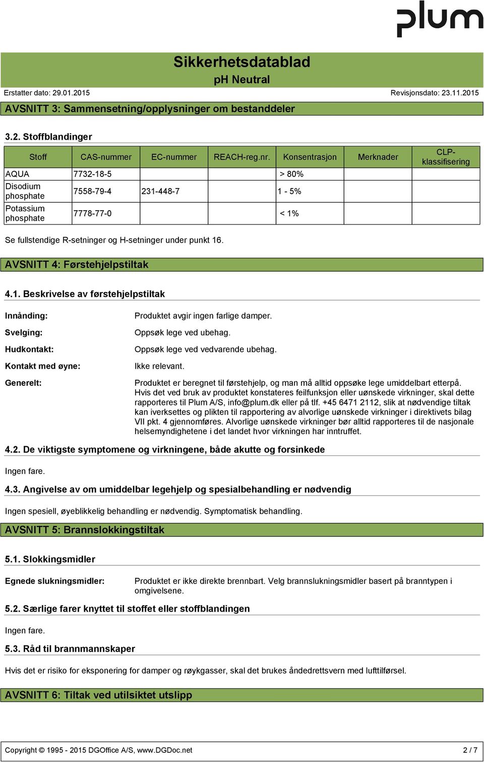 AVSNITT 4: Førstehjelpstiltak 4.1. Beskrivelse av førstehjelpstiltak Innånding: Svelging: Hudkontakt: Kontakt med øyne: Generelt: Produktet avgir ingen farlige damper. Oppsøk lege ved ubehag.