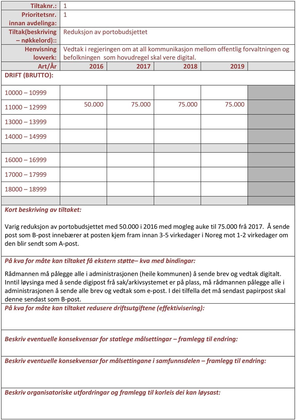 hovudregel skal vere digital. Art/År 2016 2017 2018 2019 DRIFT (BRUTTO): 10000 10999 11000 12999 50.000 75.