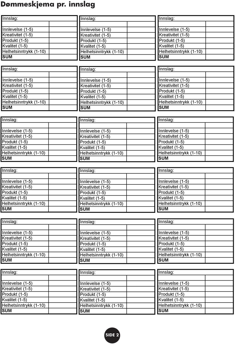 (-5) 5 Kvalitet (-5) 5 Helhetsinntrykk (-) Helhetsinntrykk 6 (-) Helhetsinntrykk 6 (-) Innlevelse (-5) Kreativitet (-5) Produkt (-5) Kvalitet (-5) Helhetsinntrykk (-) Innlevelse (-5) Kreativitet (-5)