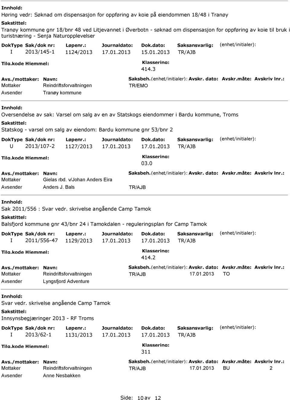 : Tranøy kommune Oversendelse av sak: Varsel om salg av en av Statskogs eiendommer i Bardu kommune, Troms Statskog - varsel om salg av eiendom: Bardu kommune gnr 53/bnr 2 2013/107-2 1127/2013 03.