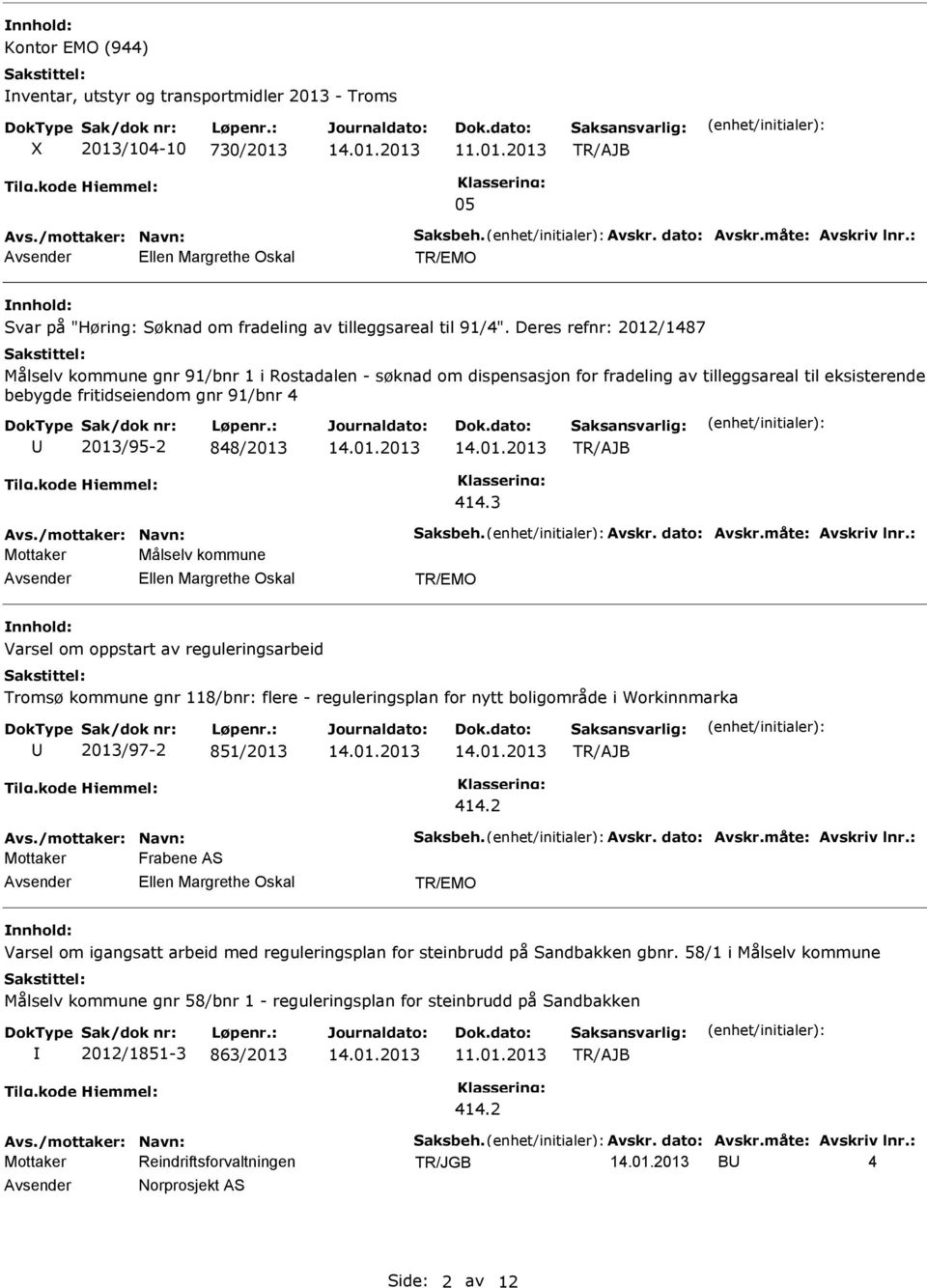 Deres refnr: 2012/1487 Målselv kommune gnr 91/bnr 1 i Rostadalen - søknad om dispensasjon for fradeling av tilleggsareal til eksisterende bebygde fritidseiendom gnr 91/bnr 4 2013/95-2 848/2013 414.