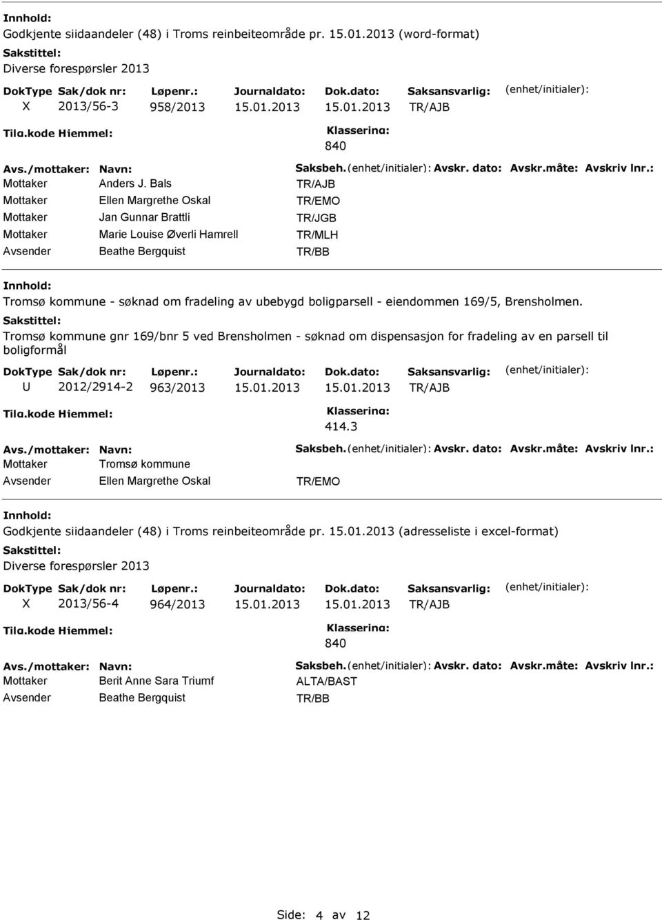 Bals Mottaker Ellen Margrethe Oskal Mottaker Jan Gunnar Brattli Mottaker Marie Louise Øverli Hamrell TR/MLH Beathe Bergquist Tromsø kommune - søknad om fradeling av ubebygd boligparsell - eiendommen