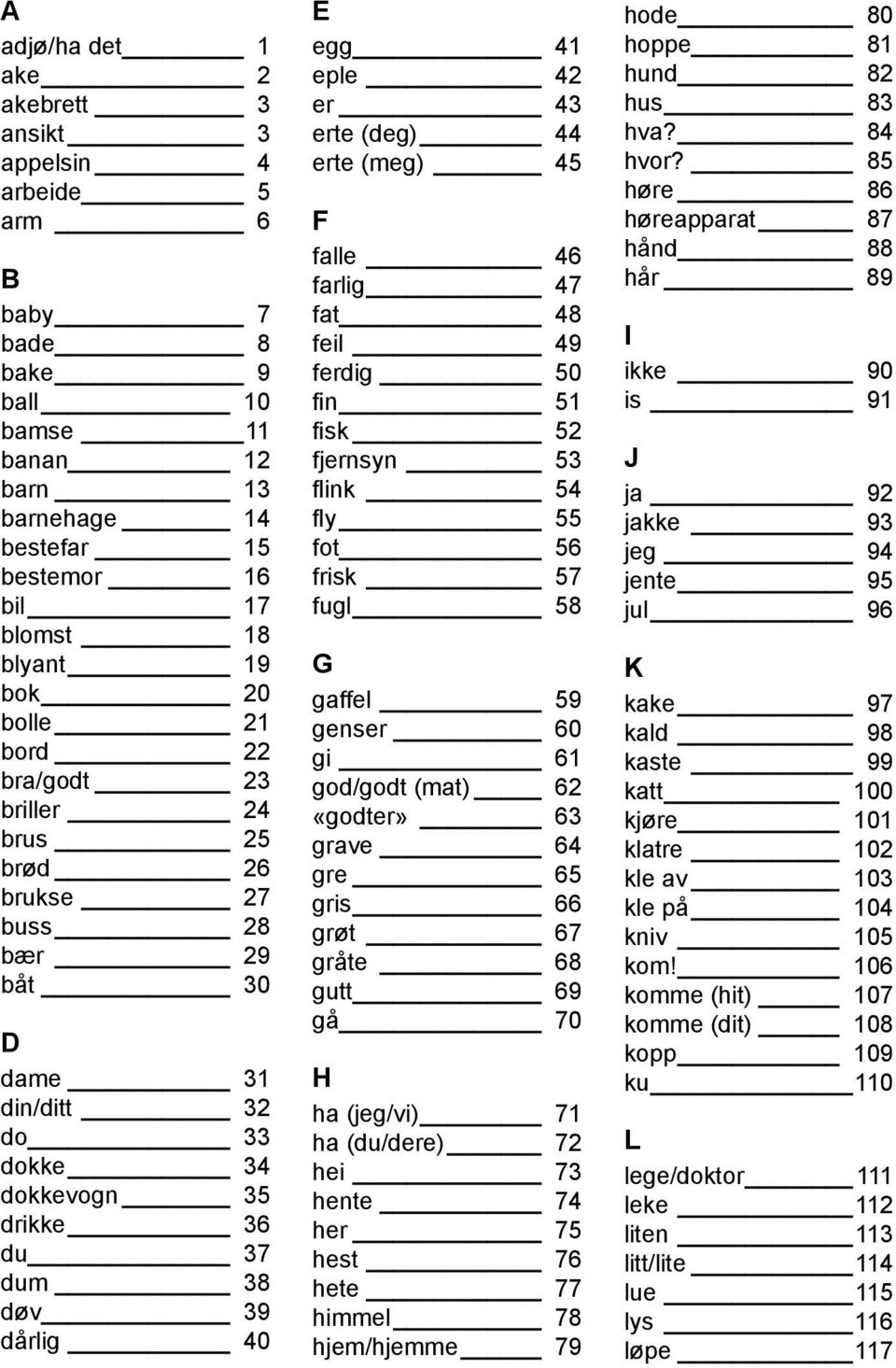 43 erte (deg) 44 erte (meg) 45 F falle 46 farlig 47 fat 48 feil 49 ferdig 50 fin 51 fisk 52 fjernsyn 53 flink 54 fly 55 fot 56 frisk 57 fugl 58 G gaffel 59 genser 60 gi 61 god/godt (mat) 62 «godter»