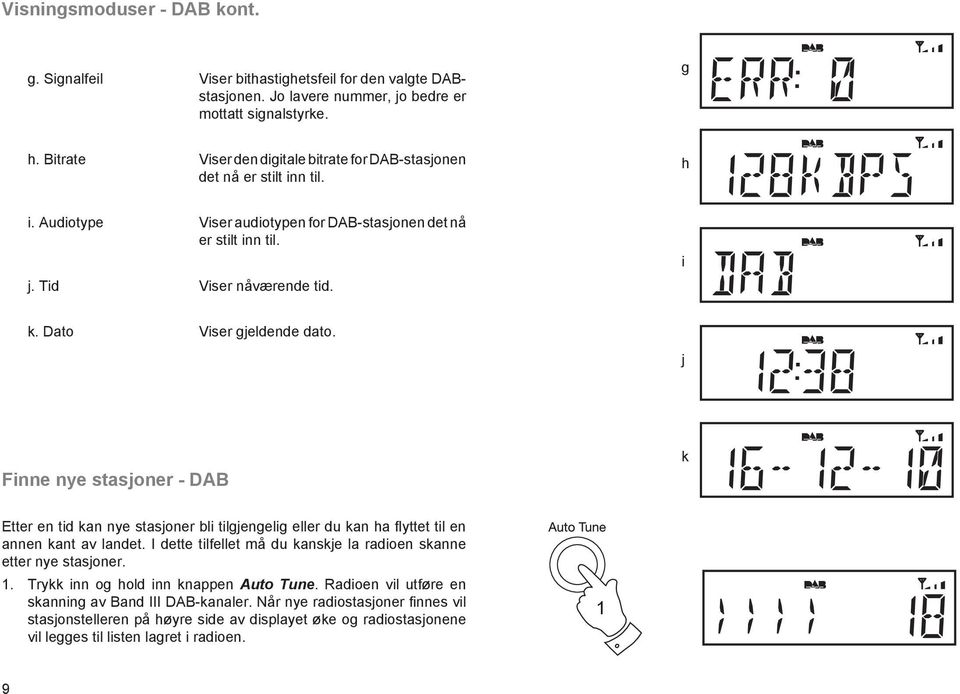 Dato Viser gjeldende dato. j Finne nye stasjoner - DAB k Etter en tid kan nye stasjoner bli tilgjengelig eller du kan ha flyttet til en annen kant av landet.