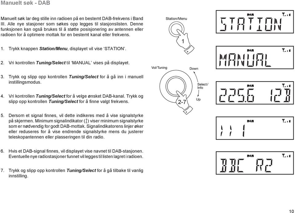 Trykk knappen Station/Menu, displayet vil vise STATION. 1 2. Vri kontrollen Tuning/Select til MANUAL vises på displayet. 3.