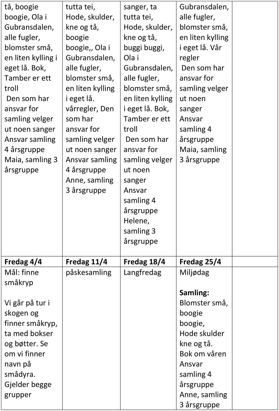 Vår regler ut noen er Maia, samling 3 Fredag 4/4 Fredag 11/4 Fredag 18/4 Fredag 25/4 Mål: finne påskesamling Langfredag småkryp Vi går på tur i