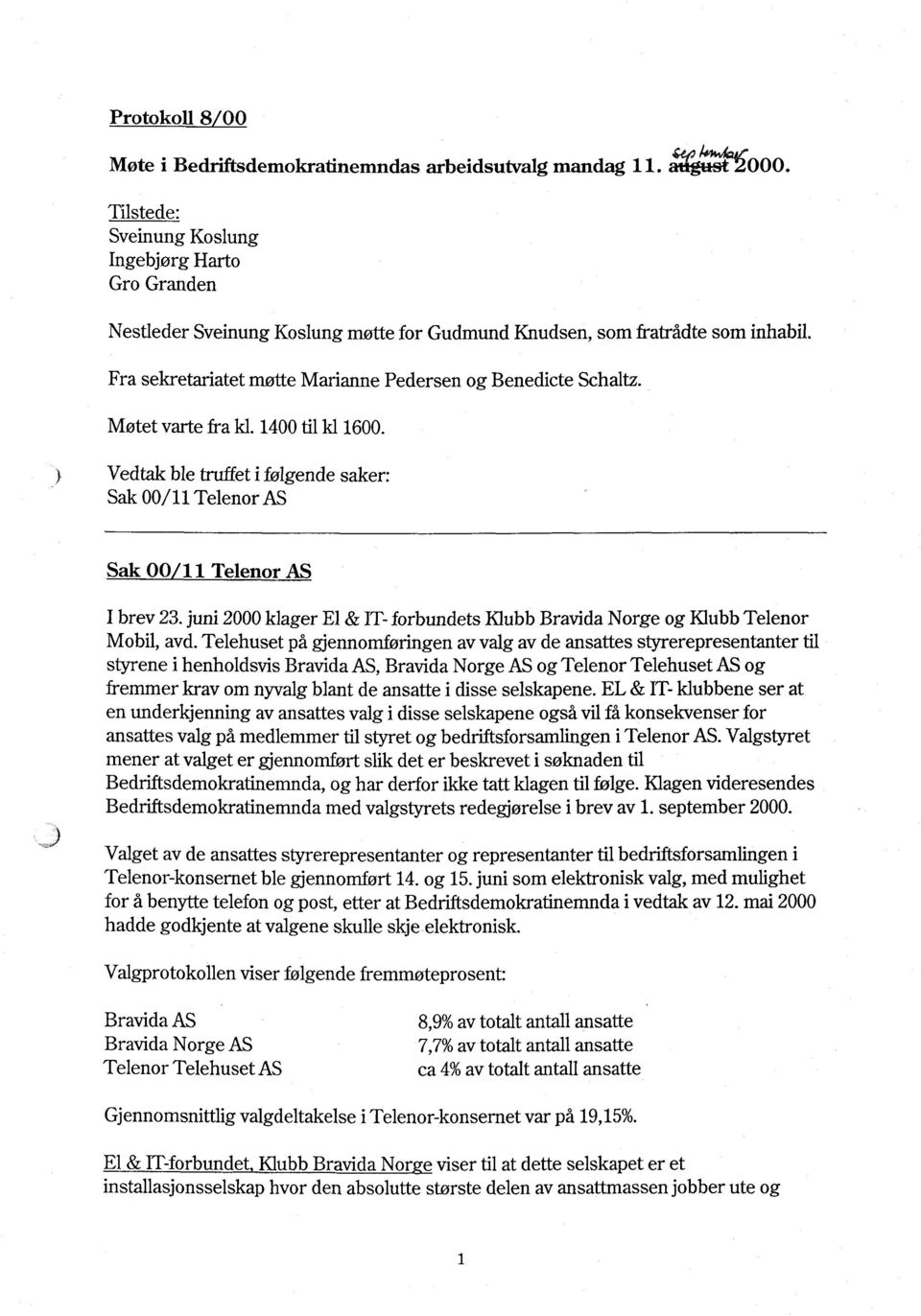 Møtet varte fra kl. 1400 til kl 1600. Vedtak ble truffet i følgende saker: Sak 00/11 Telenor AS Sak 00 11 Telenor AS I brev 23.