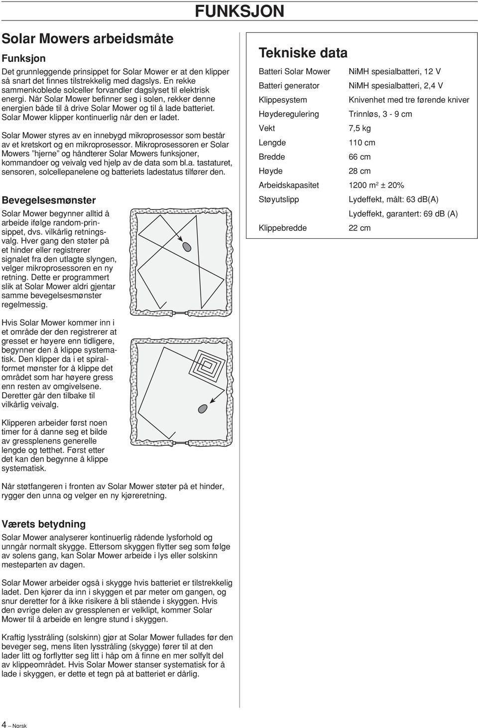 Solar Mower klipper kontinuerlig når den er ladet. Solar Mower styres av en innebygd mikroprosessor som består av et kretskort og en mikroprosessor.