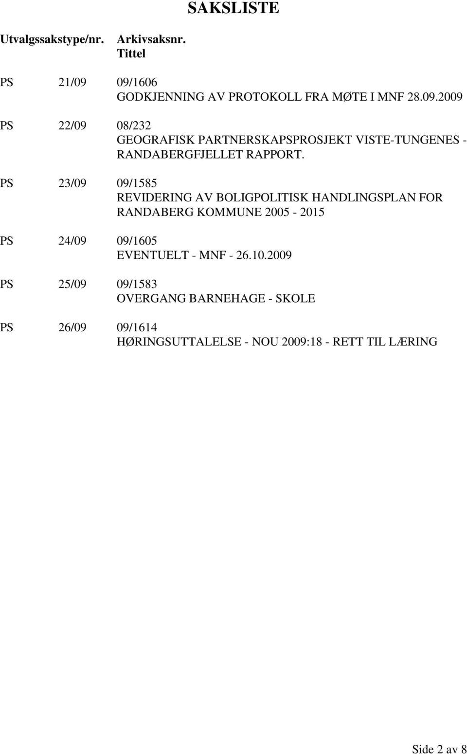 PS 23/09 09/1585 REVIDERING AV BOLIGPOLITISK HANDLINGSPLAN FOR RANDABERG KOMMUNE 2005-2015 PS 24/09 09/1605