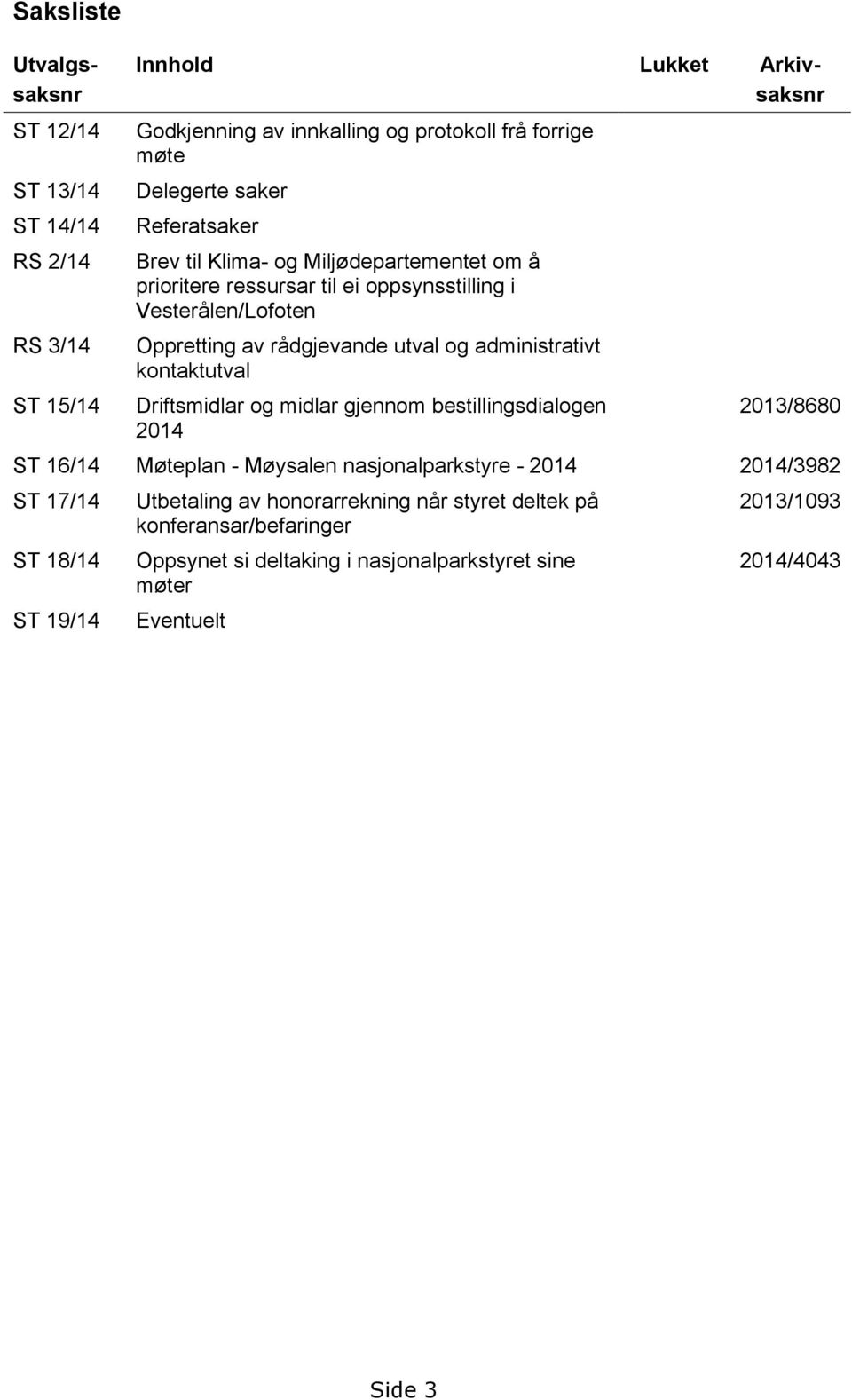 administrativt kontaktutval Driftsmidlar og midlar gjennom bestillingsdialogen 2014 2013/8680 ST 16/14 Møteplan - Møysalen nasjonalparkstyre - 2014 2014/3982 ST 17/14 ST
