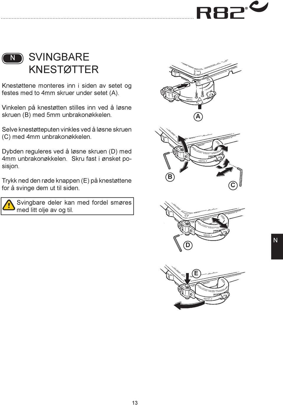 Selve knestøtteputen vinkles ved å løsne skruen () med 4mm unbrakonøkkelen.