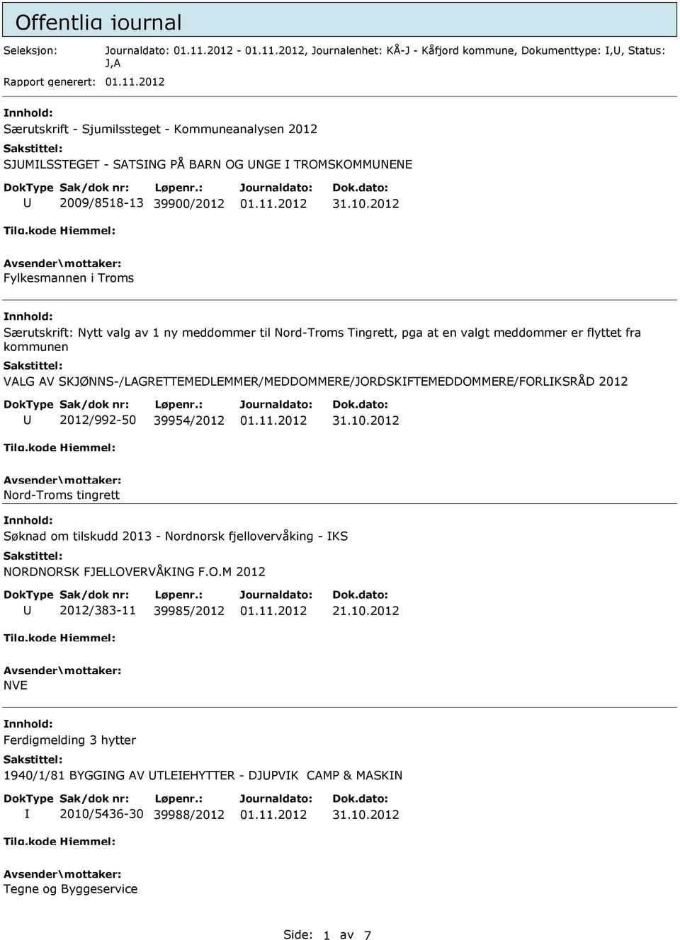 AV SKJØNNS-/LAGRETTEMEDLEMMER/MEDDOMMERE/JORDSKFTEMEDDOMMERE/FORLKSRÅD 2012 2012/992-50 39954/2012 Nord-Troms tingrett nnhold: Søknad om tilskudd 2013 - Nordnorsk fjellovervåking - KS NORDNORSK