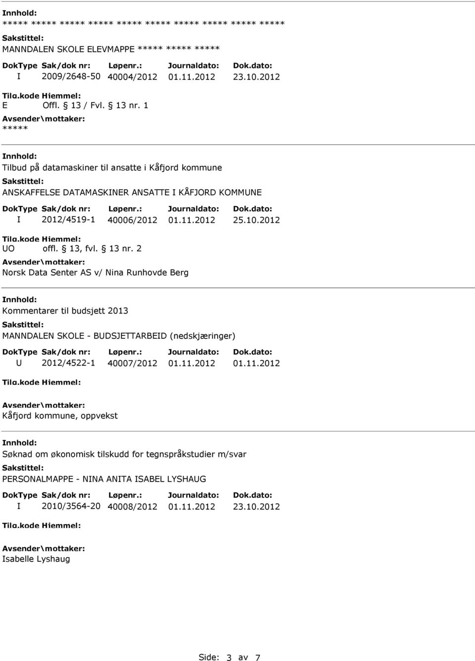 2012 nnhold: Tilbud på datamaskiner til ansatte i Kåfjord kommune ANSKAFFELSE DATAMASKNER ANSATTE KÅFJORD KOMMNE 2012/4519-1 40006/2012 25.10.