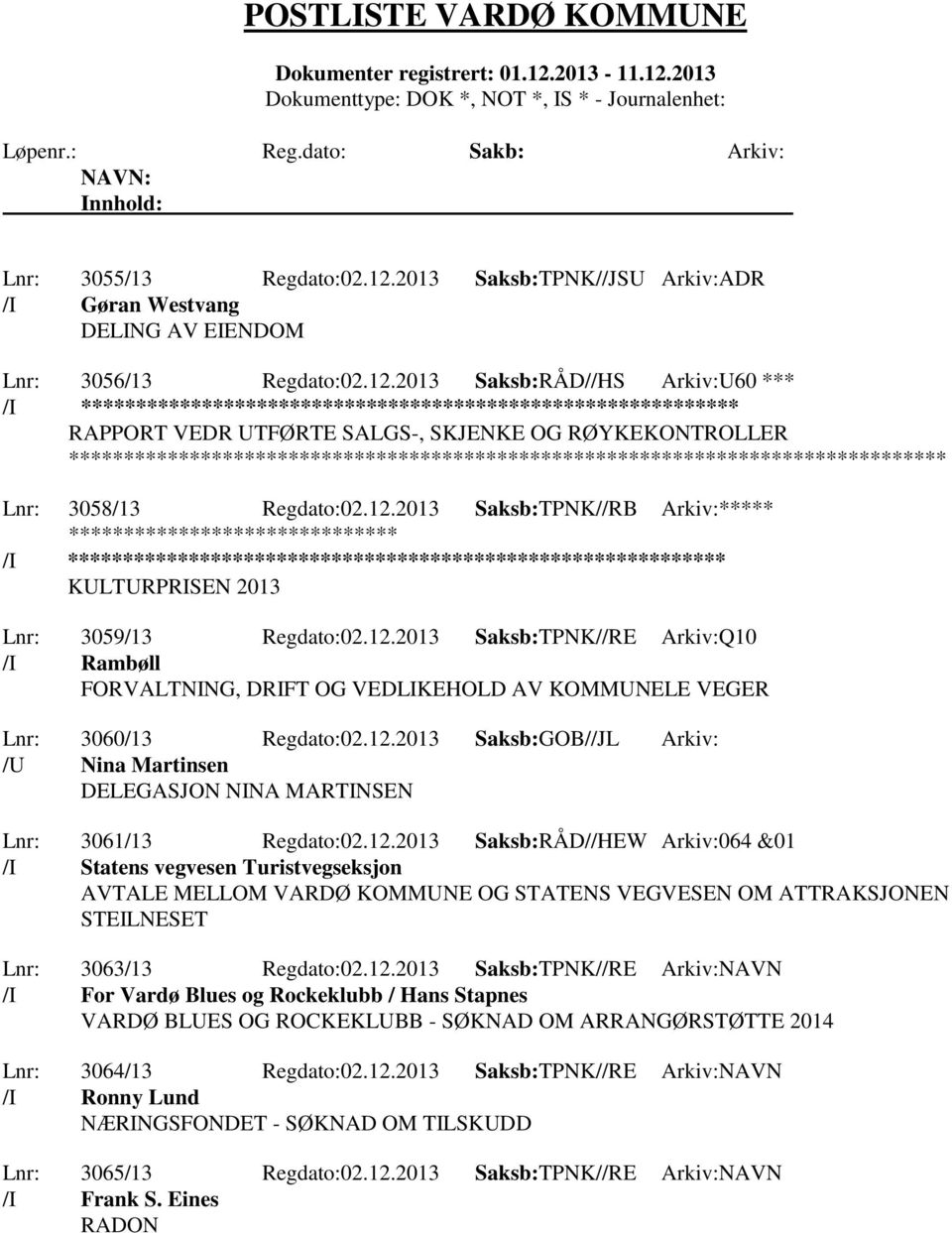 12.2013 Saksb:GOB//JL Arkiv: /U Nina Martinsen DELEGASJON NINA MARTINSEN Lnr: 3061/13 Regdato:02.12.2013 Saksb:RÅD//HEW Arkiv:064 &01 /I Statens vegvesen Turistvegseksjon AVTALE MELLOM VARDØ KOMMUNE OG STATENS VEGVESEN OM ATTRAKSJONEN STEILNESET Lnr: 3063/13 Regdato:02.