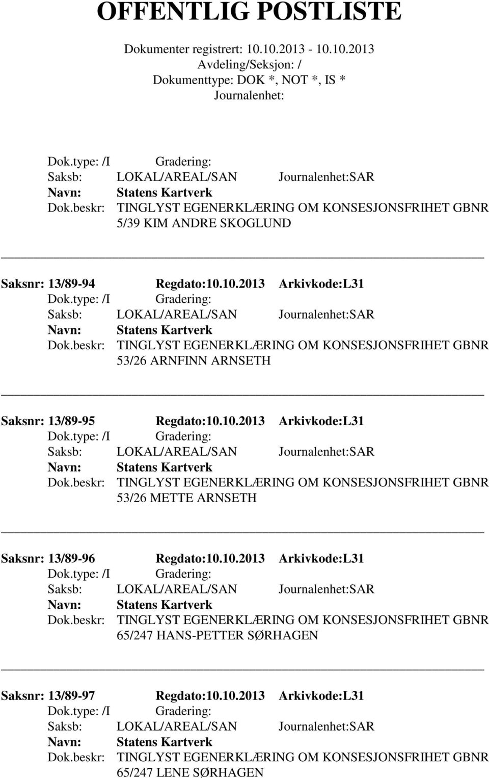 10.2013 Arkivkode:L31 Saksb: LOKAL/AREAL/SAN SAR Statens Kartverk 65/247 HANS-PETTER SØRHAGEN Saksnr: 13/89-97 Regdato:10.10.2013 Arkivkode:L31 Saksb: LOKAL/AREAL/SAN SAR Statens Kartverk 65/247 LENE SØRHAGEN