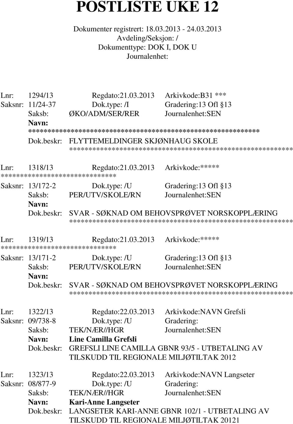 type: /U Gradering:13 Ofl 13 Saksb: PER/UTV/SKOLE/RN SEN Dok.beskr: SVAR - SØKNAD OM BEHOVSPRØVET NORSKOPPLÆRING Lnr: 1322/13 Regdato:22.03.2013 Arkivkode:NAVN Grefsli Saksnr: 09/738-8 Dok.