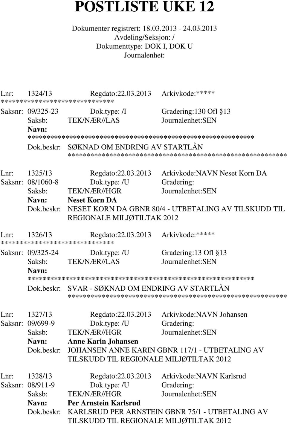 type: /U Gradering:13 Ofl 13 Saksb: TEK/NÆR//LAS SEN ** Dok.beskr: SVAR - SØKNAD OM ENDRING AV STARTLÅN Lnr: 1327/13 Regdato:22.03.2013 Arkivkode:NAVN Johansen Saksnr: 09/699-9 Dok.