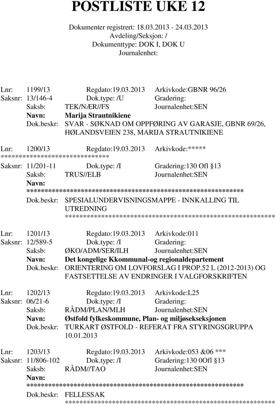 type: /I Gradering:130 Ofl 13 Saksb: TRUS//ELB SEN ** Dok.beskr: SPESIALUNDERVISNINGSMAPPE - INNKALLING TIL UTREDNING Lnr: 1201/13 Regdato:19.03.2013 Arkivkode:011 Saksnr: 12/589-5 Dok.