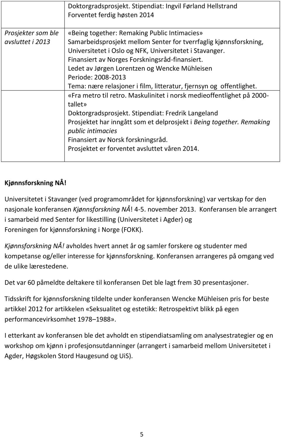 kjønnsforskning, Universitetet i Oslo og NFK, Universitetet i Stavanger. Finansiert av Norges Forskningsråd-finansiert.