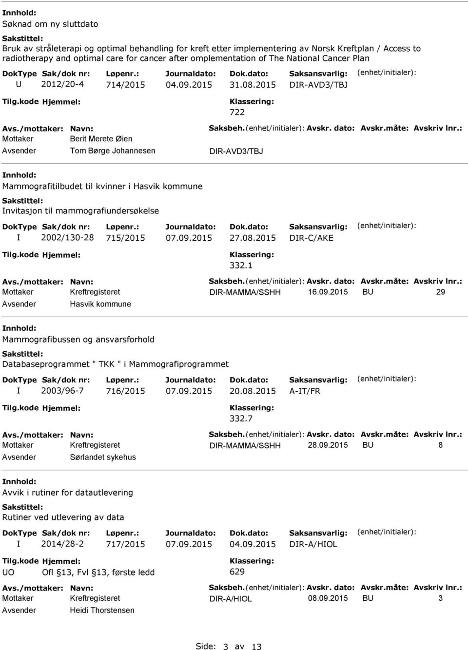 2015 DR-AVD3/TBJ Mottaker Berit Merete Øien Tom Børge Johannesen DR-AVD3/TBJ Mammografitilbudet til kvinner i Hasvik kommune nvitasjon til mammografiundersøkelse 2002/130-28 715/2015 27.08.