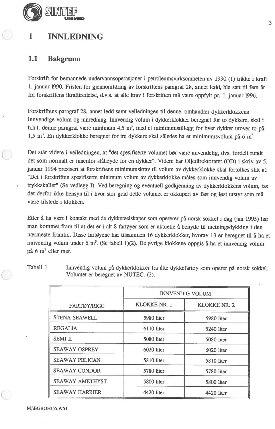 Forskriftens paragraf 28, annet ledd samt vefieciningen til denne, omhandler dykkerklokkens innvendige volum og innredning. Innvendig volum i dykkeridokker beregnet for to dykkere, skal i h.h.t. denne paragraf være minimum 4,5 m3, med et minimumstillegg for hver dykker utover to på 1,5 m3.