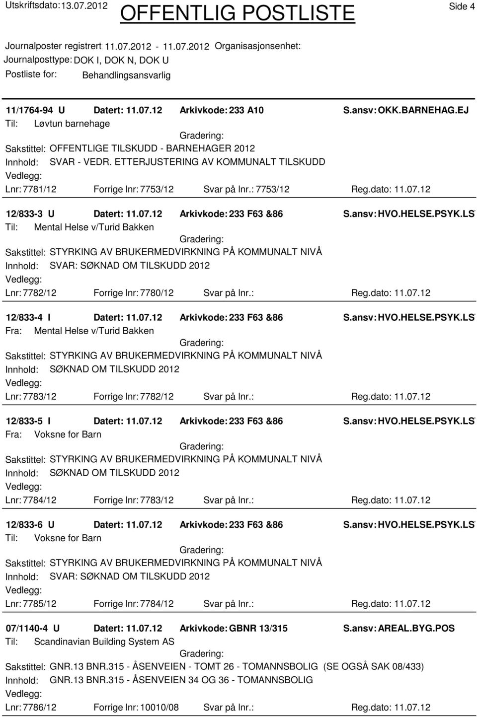 : Reg.dato: 11.07.12 12/833-5 I Datert: 11.07.12 Arkivkode:233 F63 &86 Fra: Voksne for Barn Innhold: SØKNAD OM TILSKUDD 2012 Lnr: 7784/12 Forrige lnr: 7783/12 Svar på lnr.: Reg.dato: 11.07.12 12/833-6 U Datert: 11.