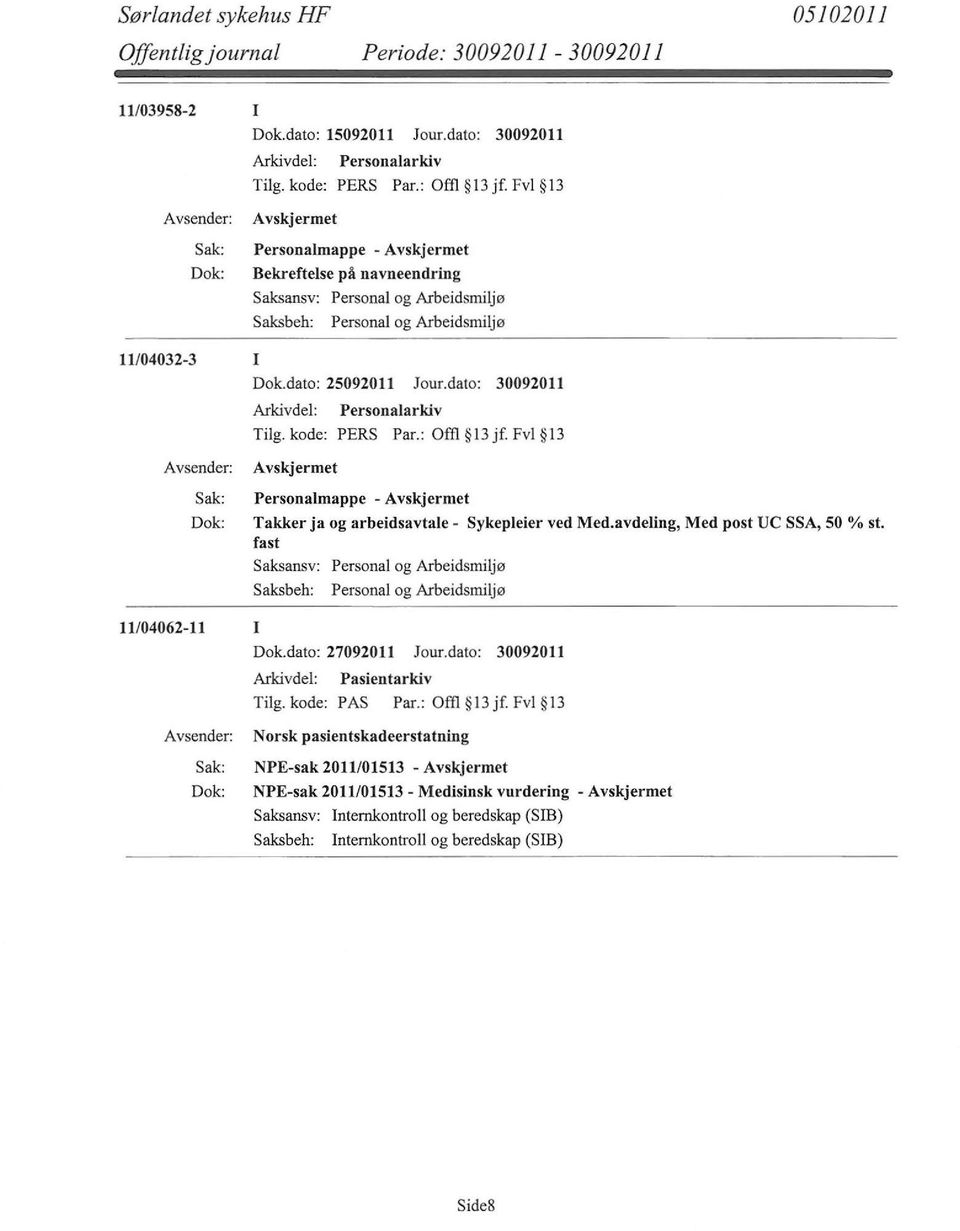 avdeling, Med post UC SSA, 50 % st. fast 11/04062-11 I Dok.dato: 27092011 Jour.dato: 30092011 Arkivdel: Pasientarkiv Tilg.kode: PAS Par.: Off1 13 jf.