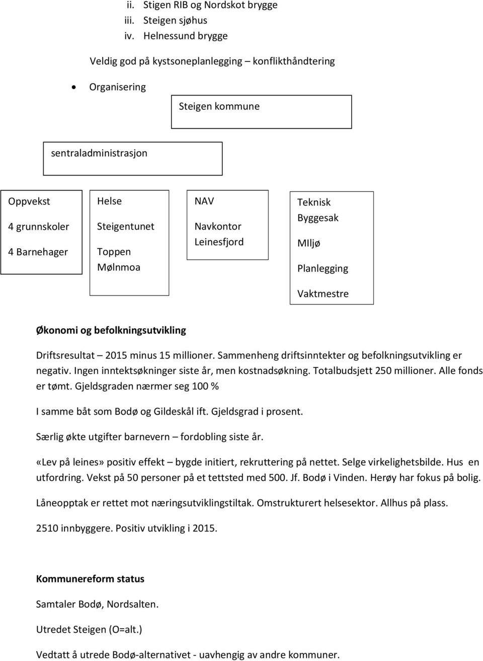 Navkontor Leinesfjord Teknisk Byggesak MIljø Planlegging Vaktmestre Økonomi og befolkningsutvikling Driftsresultat 2015 minus 15 millioner.