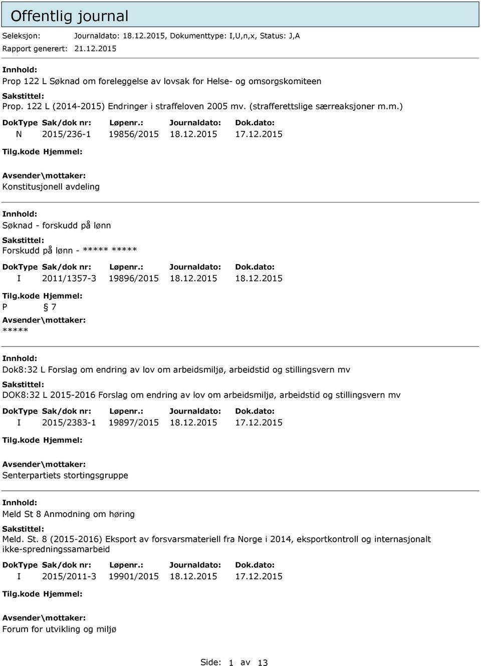 kode P Hjemmel: 7 ***** nnhold: Dok8:32 L Forslag om endring av lov om arbeidsmiljø, arbeidstid og stillingsvern mv DOK8:32 L 2015-2016 Forslag om endring av lov om arbeidsmiljø, arbeidstid og