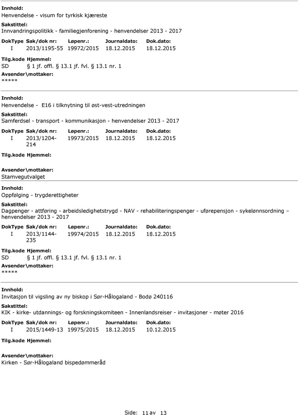 trygderettigheter Dagpenger - attføring - arbeidsledighetstrygd - AV - rehabiliteringspenger - uførepensjon - sykelønnsordning henvendelser 2013-2017 2013/1144-235 19974/2015 Tilg.