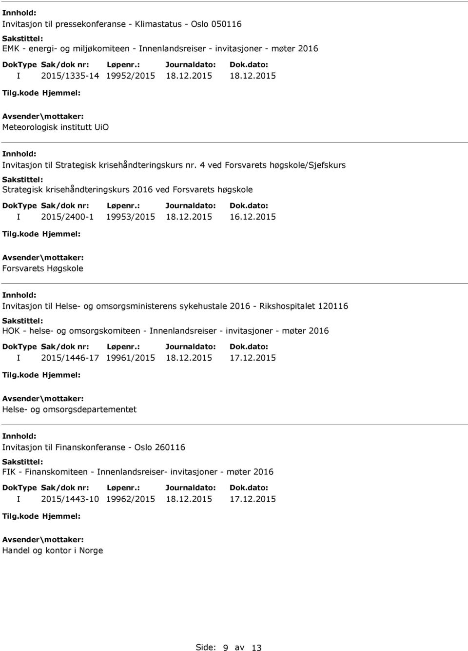 2015 Forsvarets Høgskole nnhold: nvitasjon til Helse- og omsorgsministerens sykehustale 2016 - Rikshospitalet 120116 HOK - helse- og omsorgskomiteen - nnenlandsreiser - invitasjoner - møter 2016