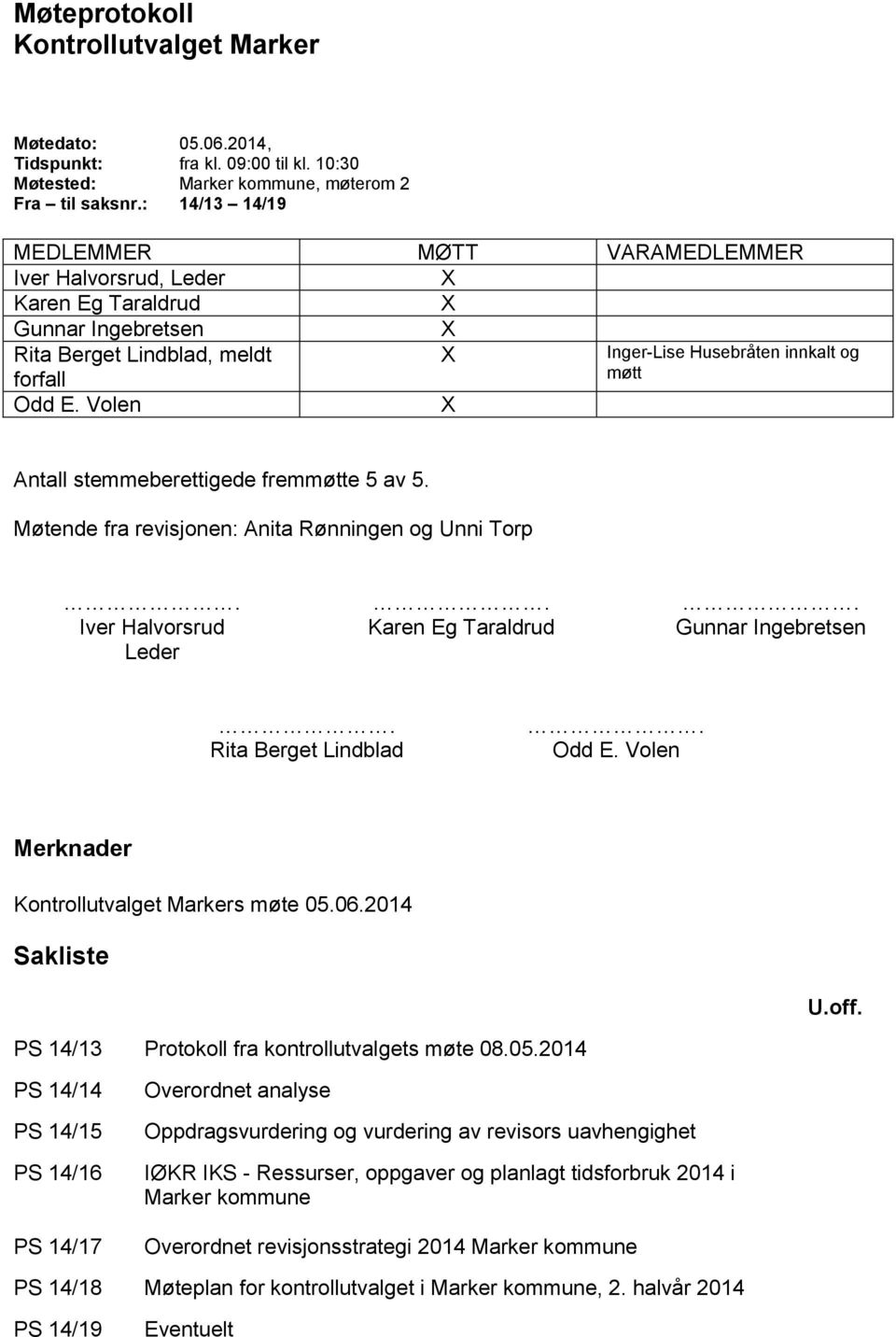 Volen X Inger-Lise Husebråten innkalt og møtt Antall stemmeberettigede fremmøtte 5 av 5. Møtende fra revisjonen: Anita Rønningen og Unni Torp.