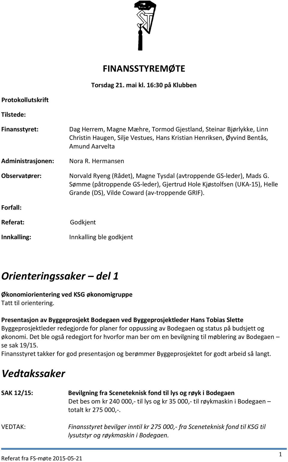 Henriksen, Øyvind Bentås, Amund Aarvelta Nora R. Hermansen Observatører: Norvald Ryeng (Rådet), Magne Tysdal (avtroppende GS-leder), Mads G.