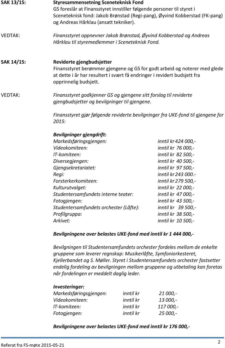 SAK 14/15: Reviderte gjengbudsjetter Finansstyret berømmer gjengene og GS for godt arbeid og noterer med glede at dette i år har resultert i svært få endringer i revidert budsjett fra opprinnelig