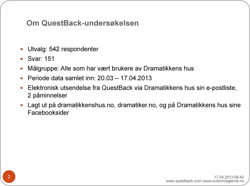2013 Elektronisk utsendelse fra QuestBack via Dramatikkens hus sin e-postliste, 2
